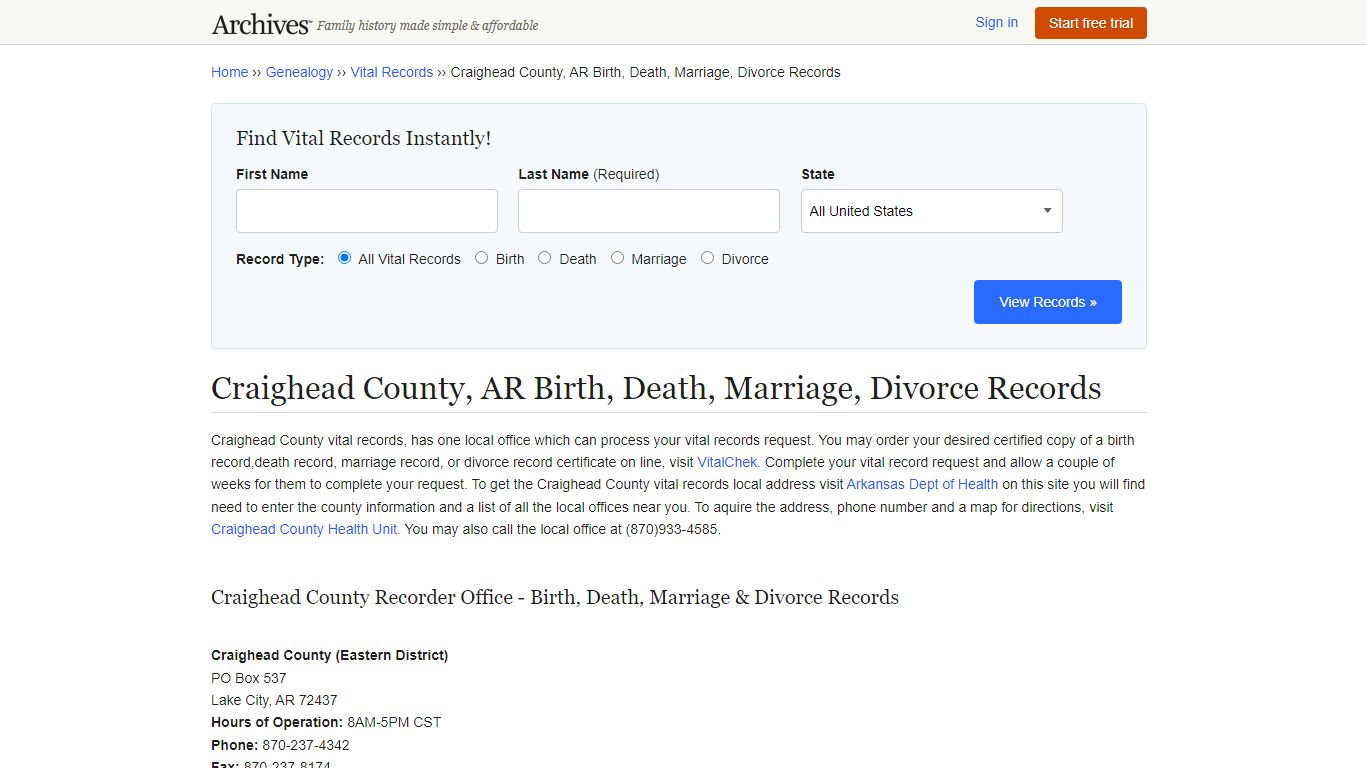 Craighead County, AR Birth, Death, Marriage, Divorce Records